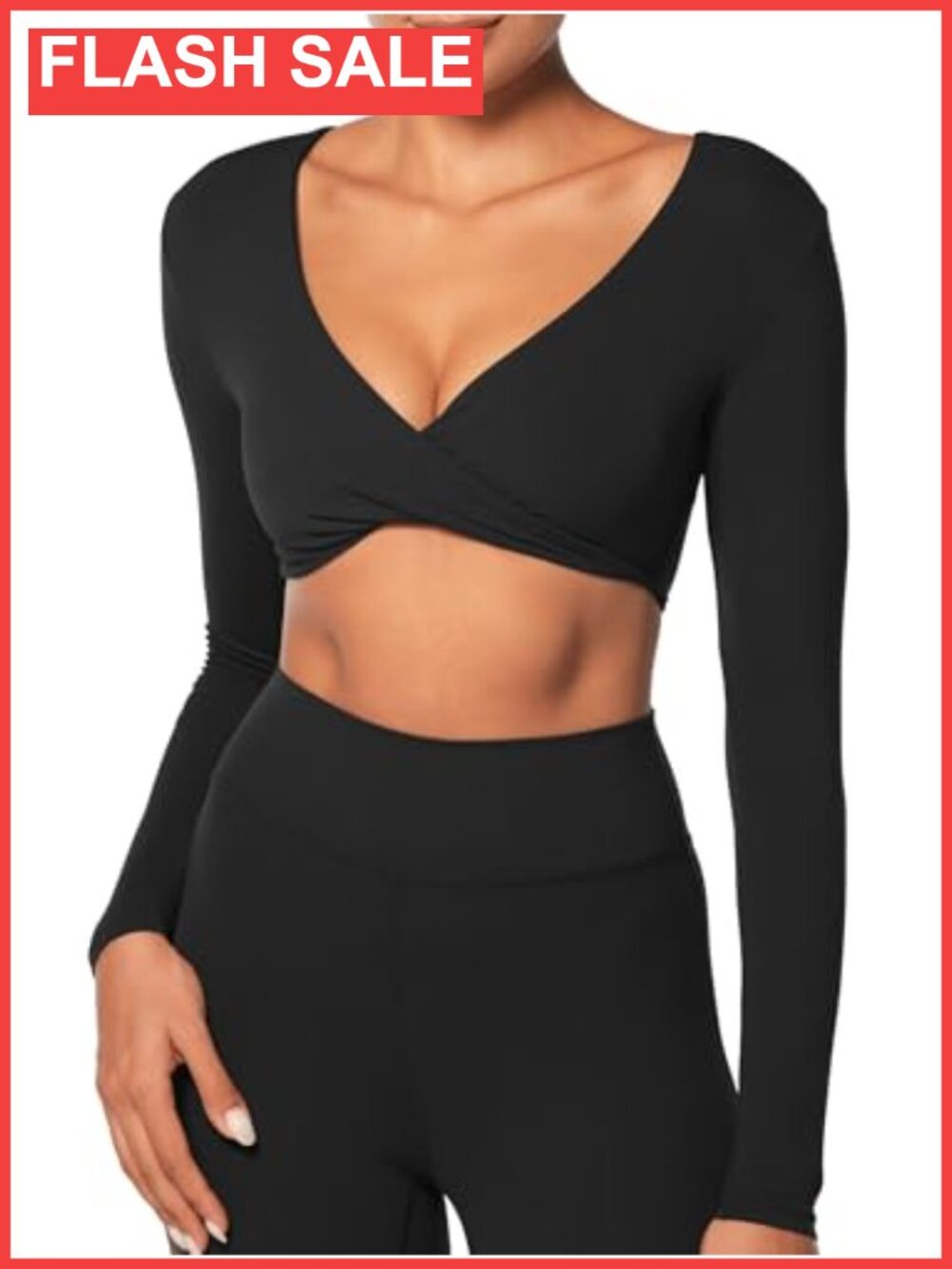 Deep V Twist Long Sleeve Crop Top Gym Tee Compression